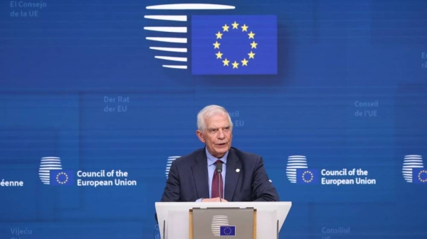 Josep Borrell speaks after a VTC meeting of EU foreign ministers, 16 April 2024