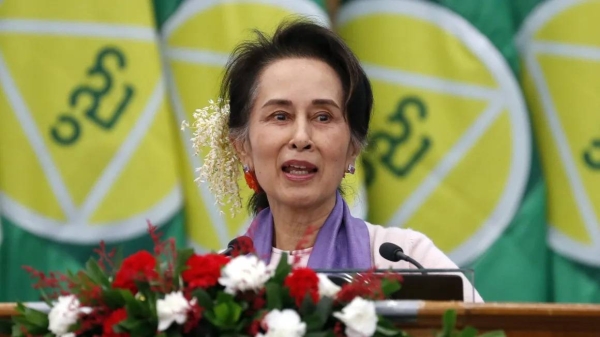 Myanmar's former de facto leader Aung San Suu Kyi delivers a speech in Naypyidaw, Myanmar, on January 28, 2020