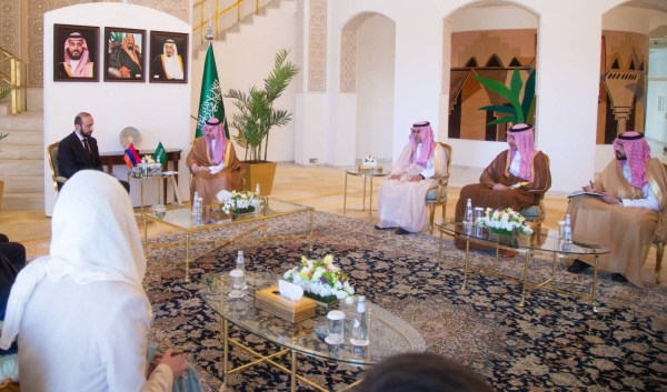 Saudi Minister of Foreign Affairs Prince Faisal bin Farhan holds talks with his Armenian counterpart Ararat Mirzoyan in Riyadh on Wednesday.
