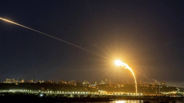 Ukrainian air defense intercepts a Shahed drone mid-air in the third Russia aerial attack on the capital in the last 24 hours in Kyiv, Ukraine, on May 30, 2023.