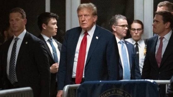 Former President Donald Trump exits Manhattan criminal court in New York, Monday, April 15