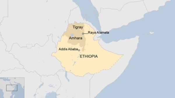 A map of Ethiopia showing the regions of Tigray and Amhara, and the disputed area of Raya Alamata. – courtesy BBC
