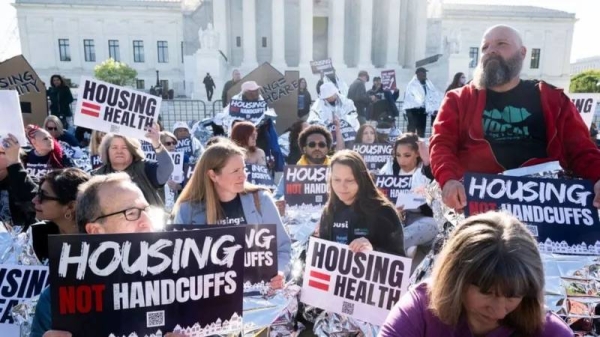 Protesters gathered outside the Supreme Court as they heard arguments about homelessness policy in Oregon. — courtesy Getty Images