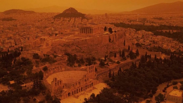 A dust cloud from the Sahara Desert in Africa covers the Acropolis on April 23, 2024 in Athens