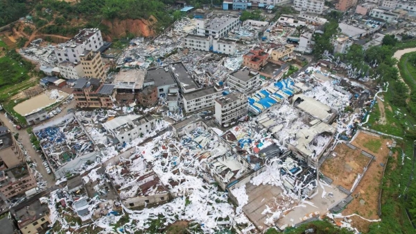 An aerial view of a factory whose roof was ripped off by the tornado in Guangzhou, China, on April 28. — courtesy China News Service/VCG/Getty Images