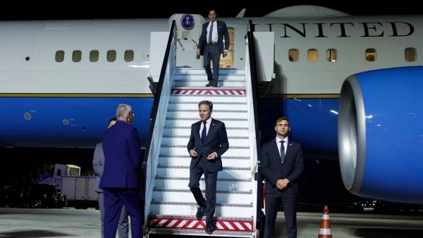 Secretary of State Antony Blinken is welcomed by US Ambassador to Israel Jacob Lew, as he arrives at Ben Gurion Airport near Tel Aviv, Israel, on April 3