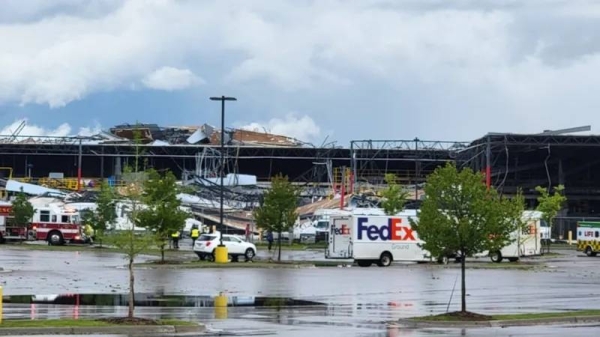 The damaged FedEx building in Portage