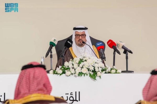 Deputy Emir of Makkah Prince Saud bin Mishaal speaks after launching the 16th season of the campaign titled “Hajj is worship and a civilized behavior,” in Jeddah on Monday.