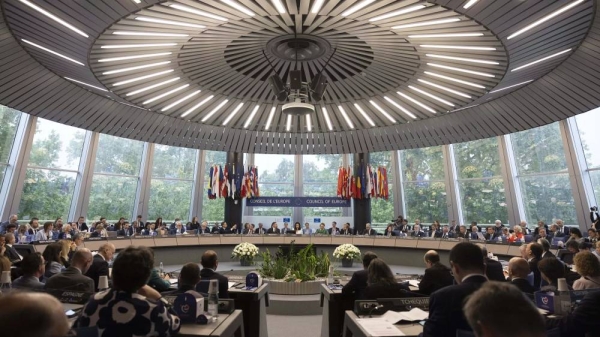 President of the Committee of Ministers of the Council of Europe, Dominique Hasler, center, opens the 133rd session of the Committee of Ministers at the European Council