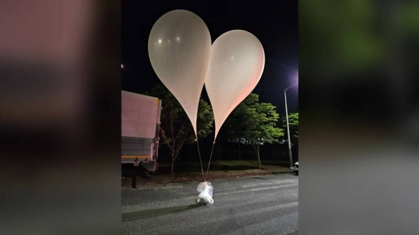 Balloons full of trash and filth from North Korea are seen in south Chungcheong province, South Korea
