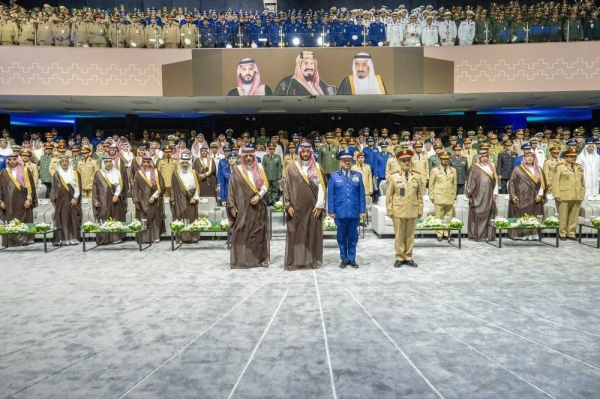 Minister of Defense Prince Khalid bin Salman attending the inaugural ceremony of the National Defense University in Riyadh on Monday.