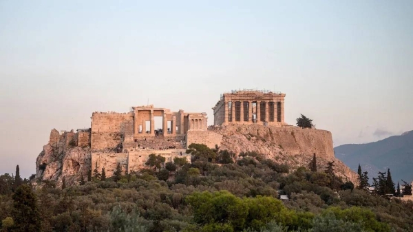 The Parthenon Temple at the top of the Acropolis hill in Athens on November 15, 2022