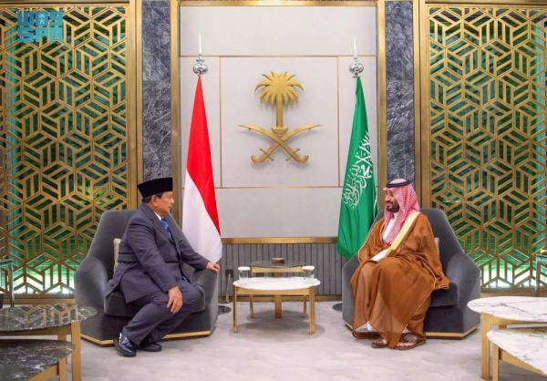 Saudi Crown Prince and Prime Minister Mohammed bin Salman meets Indonesian President-elect and Defense Minister Prabowo Subianto in Jeddah on Wednesday.
