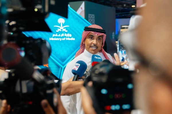  Saudi Arabia's Minister of Media Salman Al-Dosary speaking to reporters in the Hajj Media hub.
