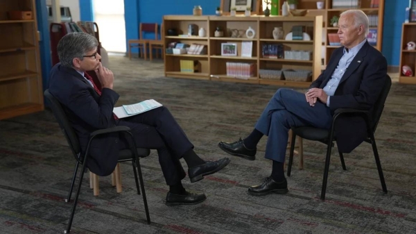 US President Joe Biden speaks during an interview with ABC News anchor George Stephanopoulos in Madison, Wisconsin, on July 5.
(ABC News) 