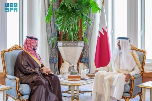 Saudi Minister of Defense Prince Khalid bin Salman holds talks with Emir of Qatar Sheikh Tamim bin Hamad Al-Thani in Doha on Monday.