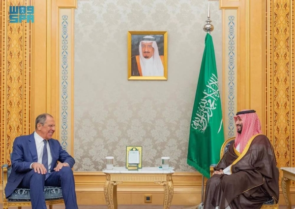 Crown Prince and Prime Minister Mohammed bin Salman holds talks with Russian Foreign Minister Sergey Lavrov in Riyadh on Monday.
