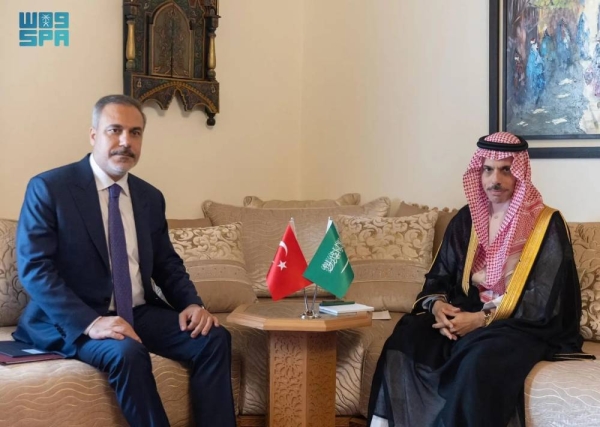 Saudi Minister of Foreign Affairs Prince Faisal bin Farhan holds talks with the Turkish Minister of Foreign Affairs Hakan Fidan in Cairo on Tuesday.
