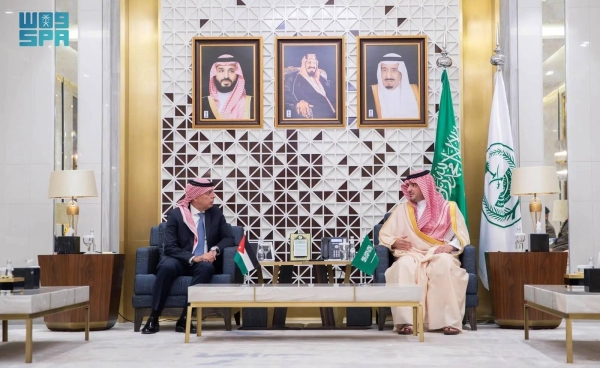 Saudi Minister of Interior Prince Abdulaziz bin Saud bin Naif holds talks with his Jordanian counterpart Mazin Abdullah Al-Farrayeh in Riyadh on Thursday.

