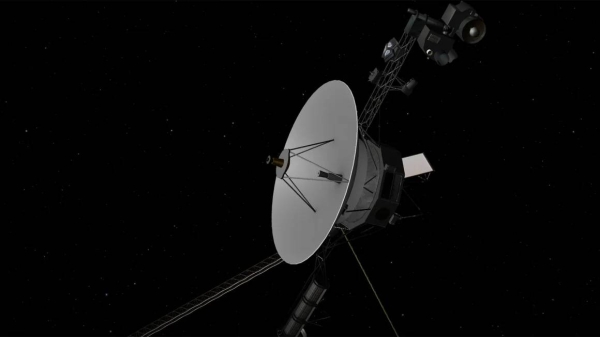 A rendering depicts the Voyager 2 spacecraft, which launched on August 20, 1977, and is currently in interstellar space