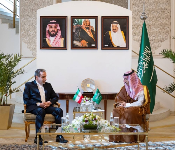 Saudi Foreign Minister Prince Faisal bin Farhan meets his Iranian counterpart Abbas Araqchi in Riyadh on Wednesday. 