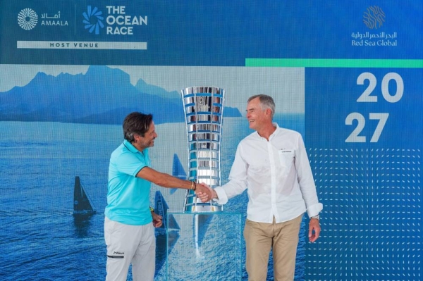 John Pagano, Group CEO of Red Sea Global, and Johan Salén, Director of The Ocean Race, shake hands to commemorate their partnership, marking a significant milestone as AMAALA prepares to host the finish of the 15th edition of The Ocean Race in the summer of 2027. (Supplied)