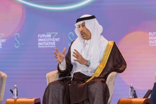 Minister of Investment Khalid Al-Falih speaking at a dialogue session during the 8th edition of the Future Investment Initiative summit in Riyadh on Tuesday.