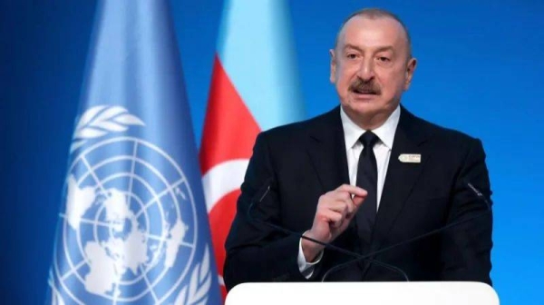 The President of Azerbaijan, Ilham Aliyev, addressing COP29 delegates