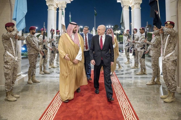 Saudi Arabia's Minister of Defense Prince Khalid bin Salman welcomes the United Kingdom's Secretary of State for Defense John Healey.