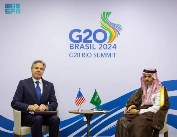 Saudi Minister of Foreign Affairs Prince Faisal bin Farhan holds talks with the United States Secretary of State Antony Blinken in Rio de Janeiro on Tuesday.