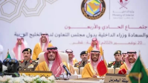Saudi Minister of Interior Prince Abdulaziz bin Saud attending the 41st meeting of the Interior Ministers of the Gulf Cooperation Council states in Doha, Qatar on Wednesday.


