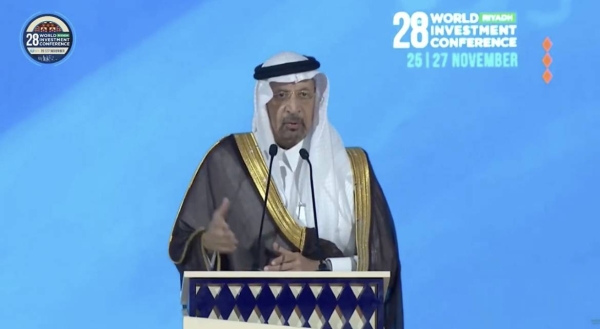 Saudi Minister of Investment Khalid Al-Falih addressing the World Investment Conference in Riyadh on Monday.