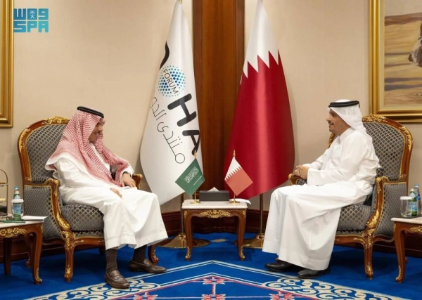 Saudi Minister of Foreign Affairs Prince Faisal bin Farhan met with Qatar's Prime Minister and Minister of Foreign Affairs Sheikh Mohammed bin Abdulrahman Al Thani in Doha on Saturday.