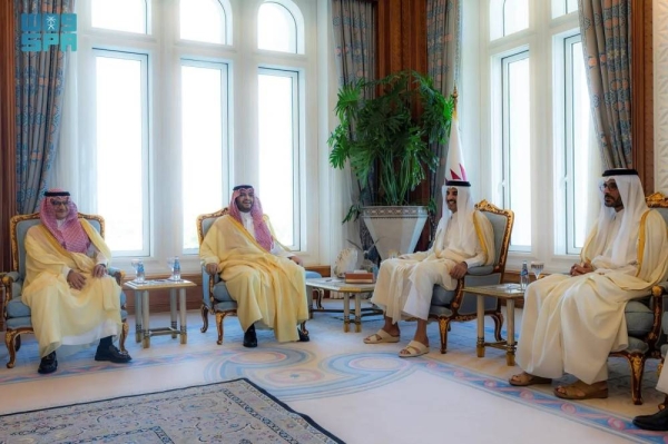 Emir of Qatar Sheikh Tamim bin Hamad Al Thani holds talks with Saudi Minister of State and Member of the Cabinet Prince Turki bin Mohammed bin Fahd in Doha on Sunday.
