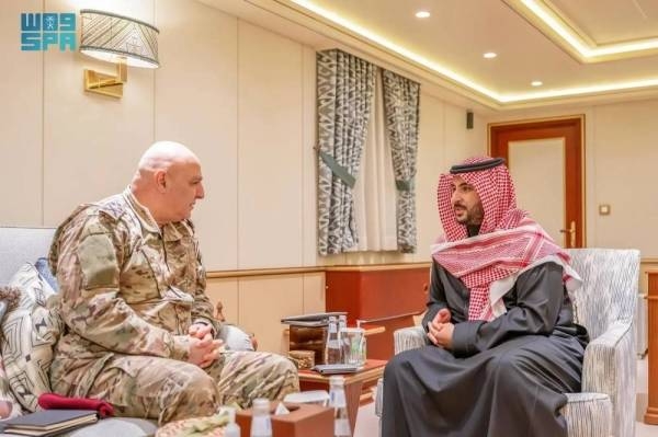 Saudi Minister of Defense Prince Khalid bin Salman holds talks with Gen. Joseph Aoun during his visit to Riyadh as Commander-in-Chief of the Lebanese Armed Forces two weeks ago.