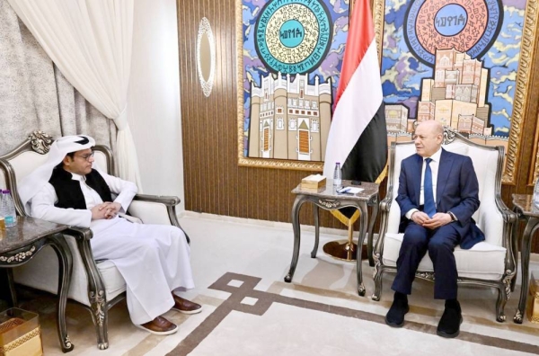 Yemeni President Dr. Rashad Al-Alimi speaking to Okaz Editor-in-Chief Jameel Altheyabi during an interview in Riyadh.