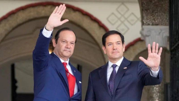 US Secretary of State Marco Rubio, right, was greeted by Panamanian foreign minister Javier Martinez-Acha on his arrival in Panama City