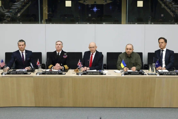 From left, US Secretary of Defense Pete Hegseth, Britian's Chief of Defense Admiral Sir Tony Radakinleft, Britain's Defense Secretary John Healey, Ukraine's Defense Minister Rustem Umerov, and NATO Secretary General Mark Rutte attend a meeting of the Ukraine Defense Contact group at NATO headquarters in Brussels, Belgium, on Wednesday. 
