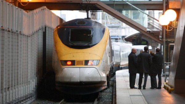 A Eurostar train leaves the Gare du Nord station in Paris,