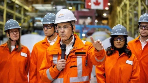 Canada's Prime Minister-designate Mark Carney speaks during his visit to the ArcelorMittal Dofasco steel mill in Hamilton, Ontario
