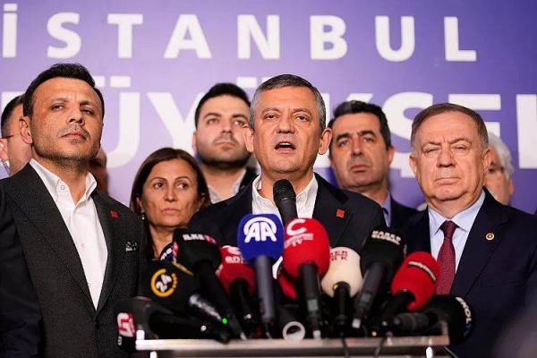 CHP party leader Özgür Özel holds a press conference following the arrest of Istanbul Mayor Ekrem İmamoğlu in Istanbul, 19 March, 2025