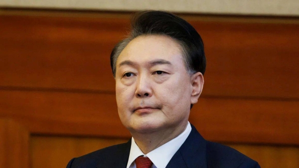 South Korean president Yoon Suk Yeol at a hearing for his impeachment trial at the Constitutional Court in Seoul on February 13, 2025