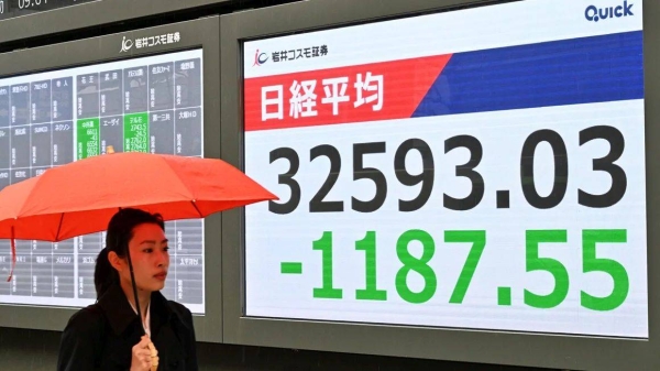 A display shows the sharp decline in the Nikkei average stock price in Chuo Ward, Tokyo on April 7, 2025