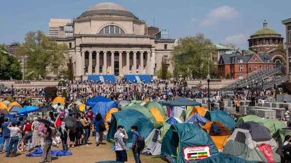 Pro-Palestinian supporters continue to demonstrate with a protest encampment on the campus of Columbia University on April 29, 2024 in New York City