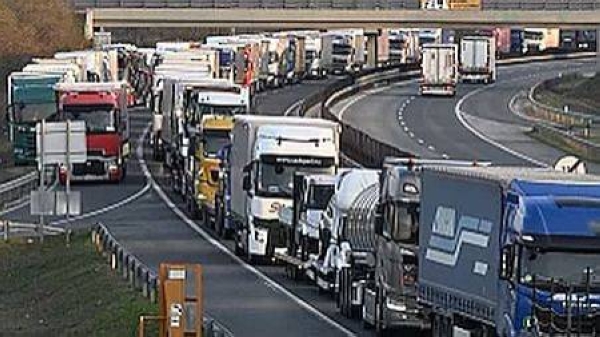 Trucks queue on the road leading to the border crossing between Hungary-Slovakia, after Slovakia tightened border controls due to foot-and-mouth disease, March 27, 2025