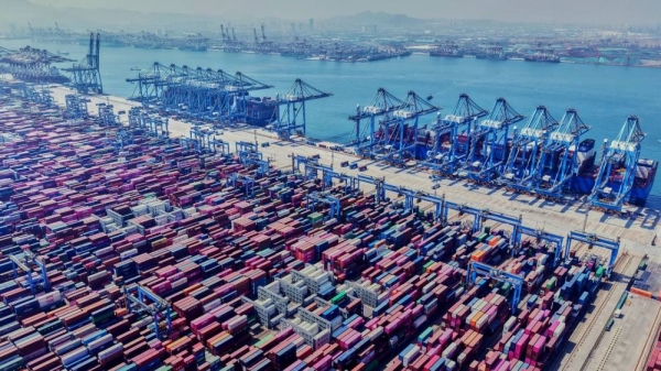 An aerial view of a container terminal in Qingdao in eastern China's Shandong province Sunday, April 6, 2025