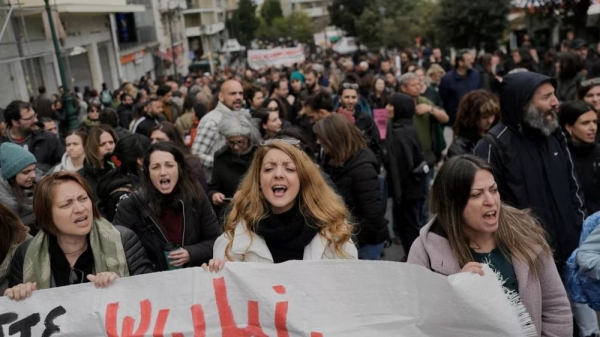 Protesters take part in rally during a nationwide 24-hour strike in Greece, 9 April, 2025