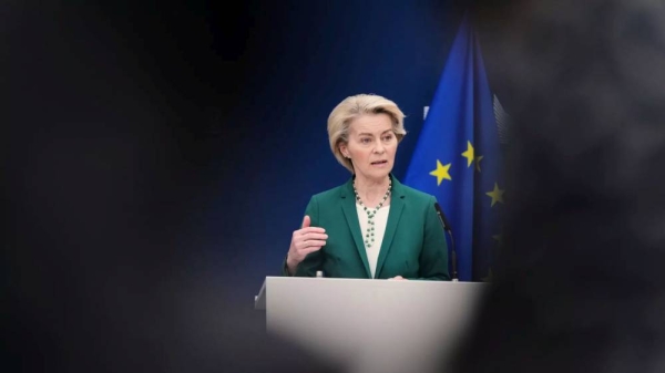 European Commission President Ursula von der Leyen addresses journalists during a media conference at EU headquarters in Brussels, Monday, April 7, 2025