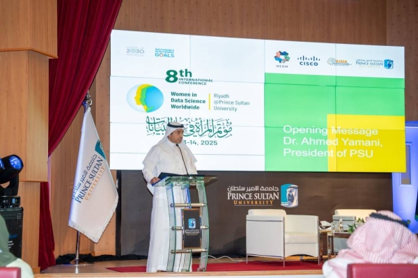 Prince Sultan University President Dr. Ahmed Yamani is delivering the opening speech at the 8th International Conference on Women in Data Science Worldwide in Riyadh on Sunday.