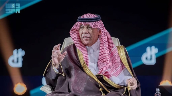 Minister of Commerce Majed Al-Qasabi speaks at the Human Capability Initiative Conference in Riyadh on Monday.

